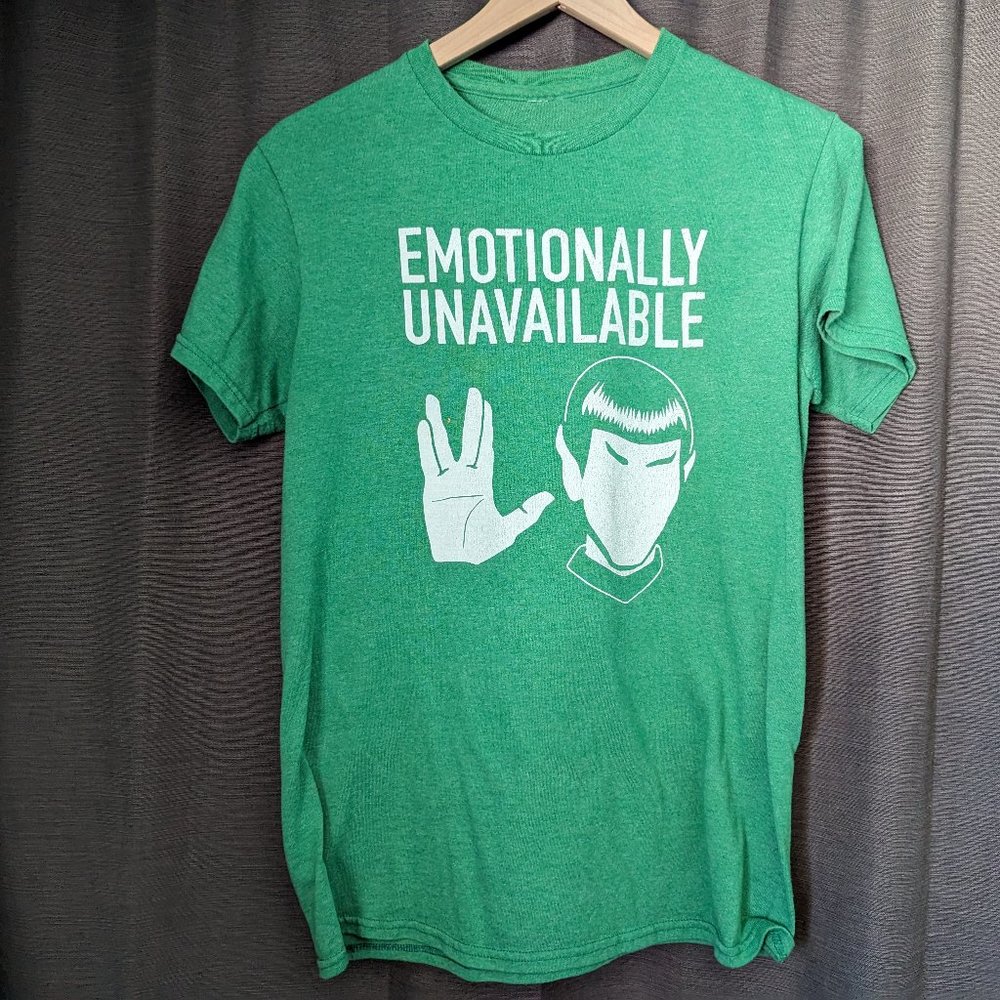 Men's Size M Green, Stretch, Star Trek "Emotionally Unavailable" Spock T-Shirt
